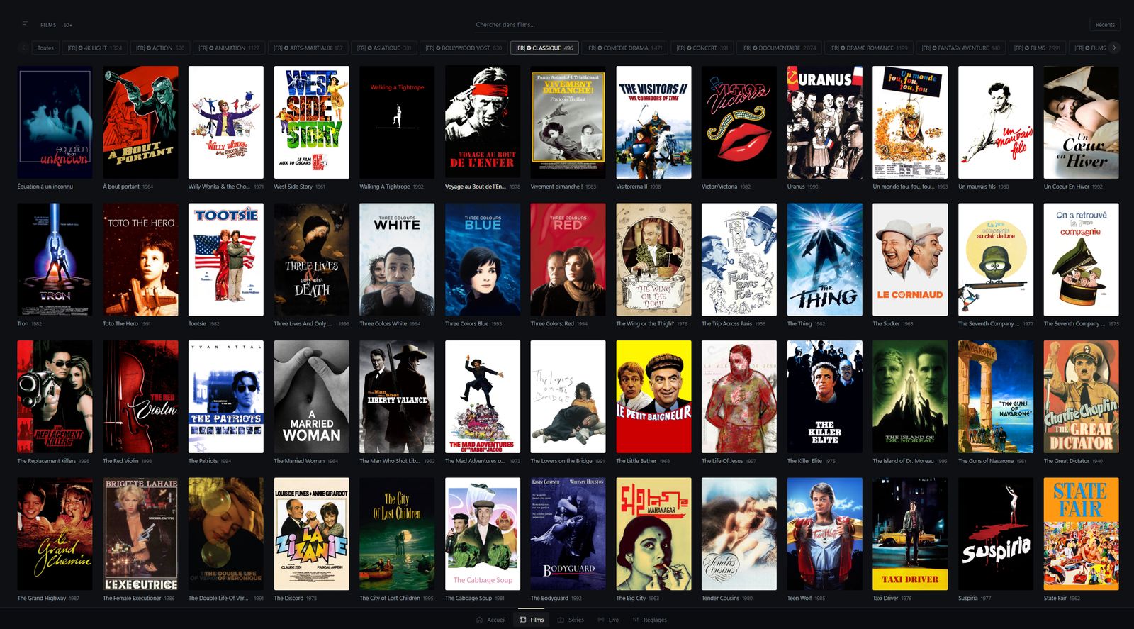 Les films, rangés par catégorie.
